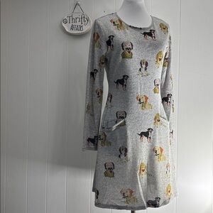 SM Wardrobe Grey Dog Print Skater Dress Small LS Pockets Soft Stretchy Knit- NWT